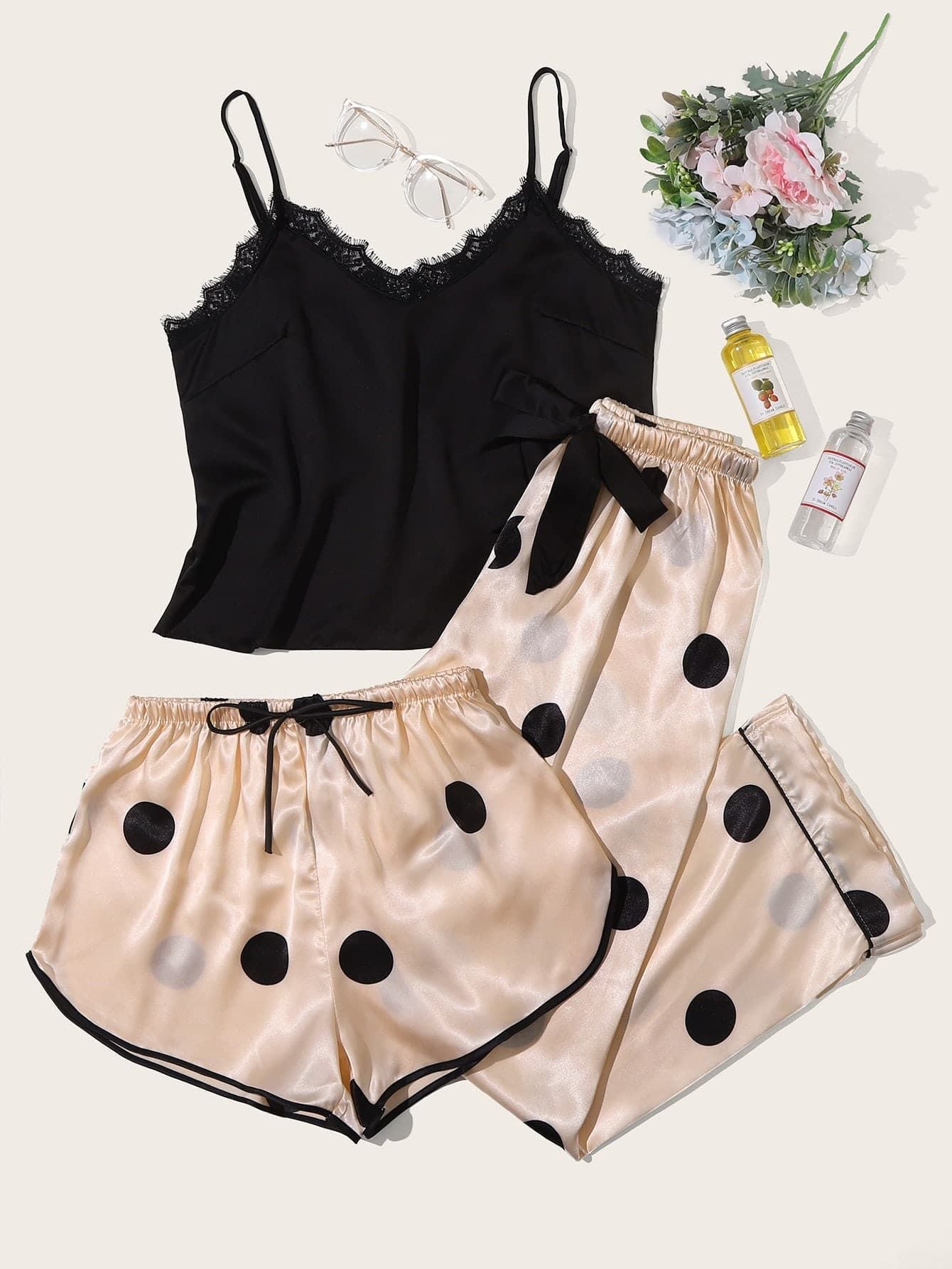 Cute Women's Sleepwear Set with Silk Feel (3 Pieces)