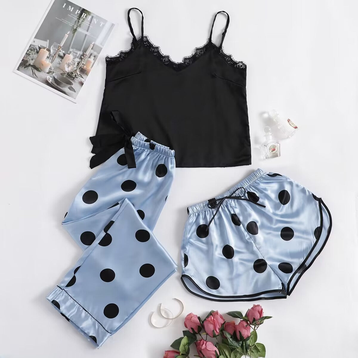 Cute Women's Sleepwear Set with Silk Feel (3 Pieces)