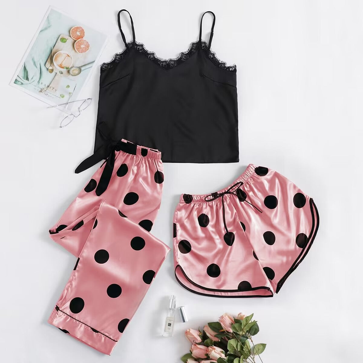 Cute Women's Sleepwear Set with Silk Feel (3 Pieces)